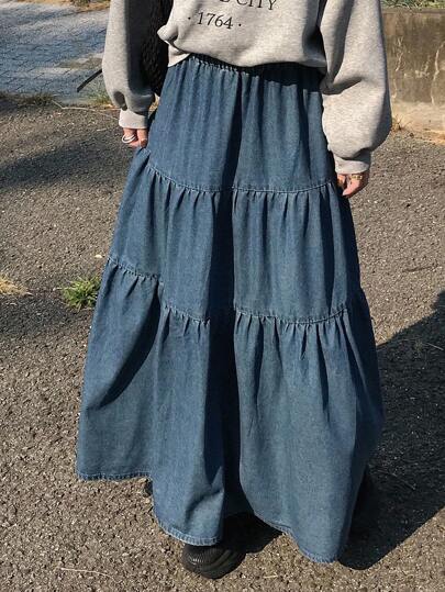 FRIFUL Jupe longue en jean avec taille élastique et volants, couleur unie pour femmes