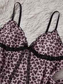 SHEIN 2 件加大码撞色蕾丝、荷叶边心形印花吊带背心和裤子睡衣套装