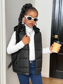 SHEIN Tween Girl Casual Daily Black Hooded Front Zipper JacketAutumn Clothing Fall Winter - Black - View 4