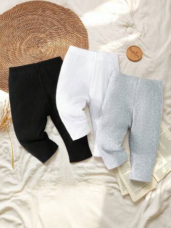 SHEIN Vintaside Kids 3pcs/Set Baby Girls' Striped Knit Leggings