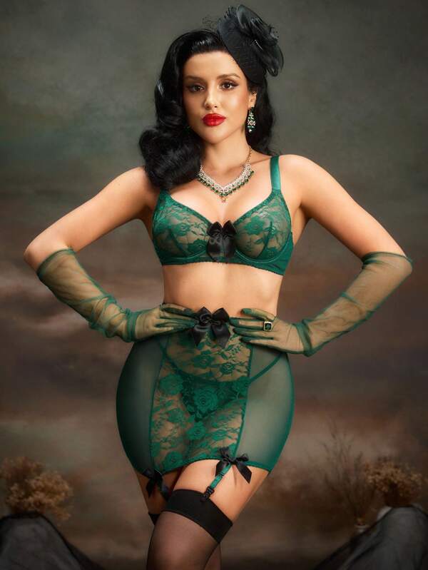 PinupGlam 3 Stücke Vintage Palast-Stil olivgrünes Kontrast Sexy Dessous Set für reife Frauen