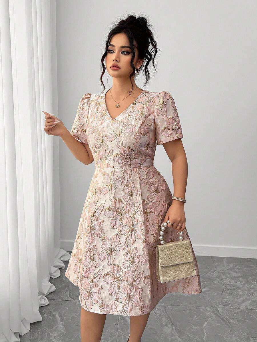 Elenzga 大码 V 领短袖提花腰优雅连衣裙 - 粉色 - 查看 1