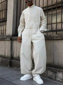 Manfinity EMRG 男士休闲连体裤，带口袋，腰部抽绳，前拉链连体裤，秋季 - 米色 - 查看 8