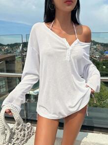 DAZY Solid Half Button Drop Shoulder Cover Up Summer,Beach Women Outfits Vacation Outfits Women - White - View 4