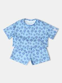 SUMWON Floral Print Summer Crop T-Shirt Co-Ord Set With Matching Shorts Cute Daisy Pattern Girls Holiday Festival Beach Vacation Two Piece Outfit - Blue - View 7