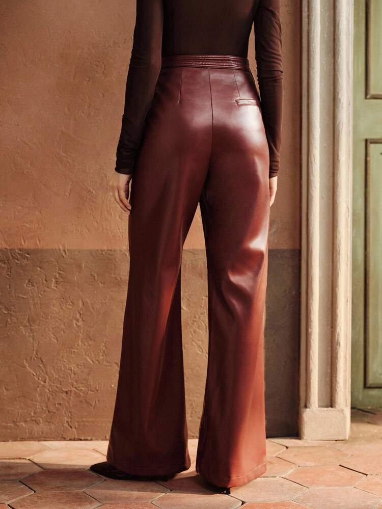 Pantalon taille haute en PU avec ceinture, style urbain élégant, convient pour l'automne, l'hiver, les sorties, les occasions formelles, les fêtes, chic, le Nouvel An, Noël, le travail, bordeaux
