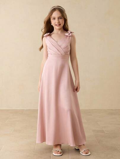 花童和大女孩缎面 V 领蝴蝶结连衣裙，高端正式礼服，适合婚礼、圣诞节、万圣节、派对、毕业典礼