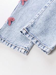 SHEIN 女童百搭时尚破洞直筒蓝色牛仔裤 - 藍色 - 查看 7