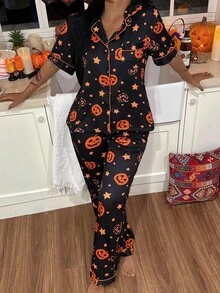 CoupledUp Bộ đồ ngủ ve áo in hình đầu bí ngô Halloween dành cho nữ, đồ ngủ Halloween đôi cho cặp đôi, dành cho tiệc Halloween - màu đen - Xem 7
