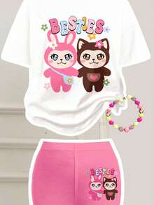 SHEIN 2 件可爱卡通花卉和动物印花少女休闲宽松短袖圆领 T 恤和喇叭裤套装，适合夏季 - 彩色 - 查看 3