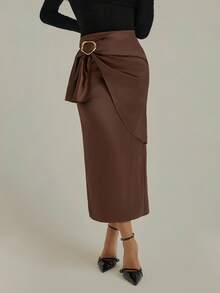 Modelyn Women's Fashionable & Versatile Elegant Metal Buckle Midi Skirt Fall Cloth For Women