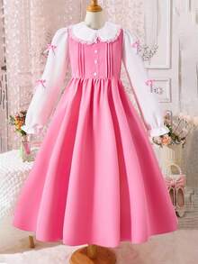 Girls Ruffle Collar 2 In 1 Pleated Bow Long Dress, Back To School Spring/Autumn Dress - Pink - View 8