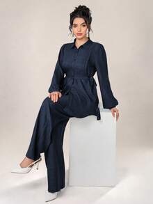 Graceveil Women 2pcs Set Front Button Long Sleeve Casual Blouse And Trousers 2 Pieces Set Modest - Navy Blue - View 7