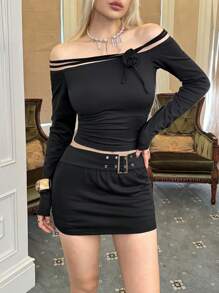 Ardnt Two Piece Set Black French Retro Collegiate Punk Off Shoulder Metallic Floral Long Sleeve Top & Mini Skirt Black Skirt Set Short Skirt Set Women Crop Top Set Y2K Fall Halloween Costume Party Gothic Punk - Black - View 3