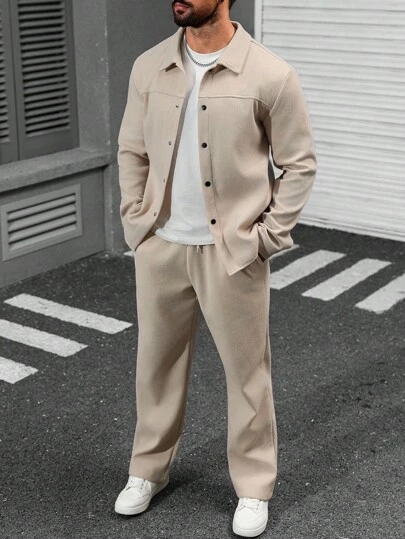 Manfinity Homme 男士纯色单排扣夹克和裤子休闲西装休闲两件套男士套装米色男士两件套杏色男士套装，秋季服装冬季舒适服装