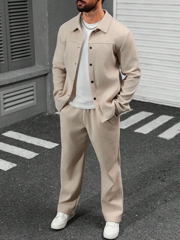 Manfinity Homme 男士纯色单排扣夹克和裤子休闲西装休闲两件套男士套装米色男士两件套杏色男士套装，秋季服装冬季舒适服装