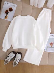SHEIN Tween Girl Black And White Equestrian Embroidered Oversized Thermal Sweatshirt & Pleated Wide Leg Sweatpants Set,Autumn Casual School Back-To-School - White - View 2