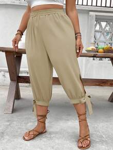 SHEIN LUNE Quần lửng cạp cao có dây rút cỡ lớn, thích hợp cho mùa xuân/hè. - Màu Khaki - Xem 6