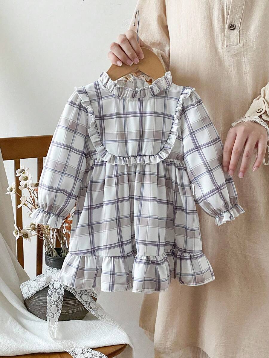 SHEIN Korean Style Plaid Print 2 In 1 Dress, Sweet Princess Baby Outfit, Spring/Autumn - Apricot - View 1