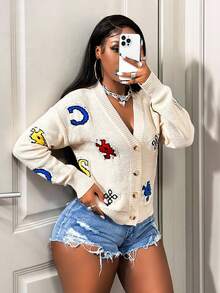 BamGleam Women's Cardigan Sweater, V-Neck Button Contrast Color Long Sleeve, Apricot Cartoon Face Letter Jacquard Pattern, Street Style Casual Loose Knit Outerwear
