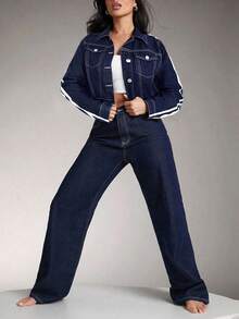 SHEIN Teen Girl Contrast Stitching Dark Blue Denim Loose Fit Turndown Collar Long Sleeve Jacket - Dark Wash - View 6