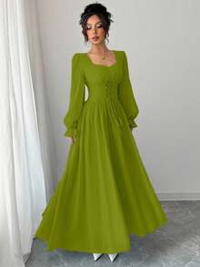 Modelyn 女士绿色长袖束腰中长连衣裙，优雅法式风格 - 綠色 - 查看 5