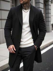 Manfinity CasualCool Klassischer Regular Fit Kniemantel in einfachem Schwarz für Herren, langärmelig, formeller Stil, eleganter schwarzer Mantel, Business Lässig Herren Winter Schwarzer Mantel, Herbst