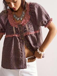 Bohemela 休闲梭织格子泡泡袖V领宽松女式衬衫