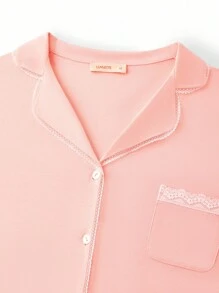 秋冬季柔软100%纯棉女士粉色蕾丝优雅饰边新娘内衣基本款纽扣上衣和裤子家居服透气睡衣套装裤子带口袋浪漫居家舒适棉质睡衣 - 珊瑚橙 - 查看 8