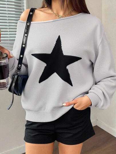 SHEIN 少女纯灰色黑色星形图案宽松毛衣，可转换不对称领长袖针织套头衫，适合返校、秋季、Y2K、万圣节、荧光色、秋季、假日/返校/开学第一天/返校/开学第一天冬季