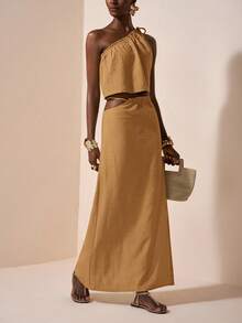 Zivah Conjunto de 2 piezas de top corto sin mangas con lazo y falda recta suelta con cintura asimétrica, material de fibra de bambú, color albaricoque, nuevo lanzamiento de verano 2025 para Día de la Madre, boda, fiesta de cumpleaños, casual, vacaciones, estilo callejero, elegante, oficina