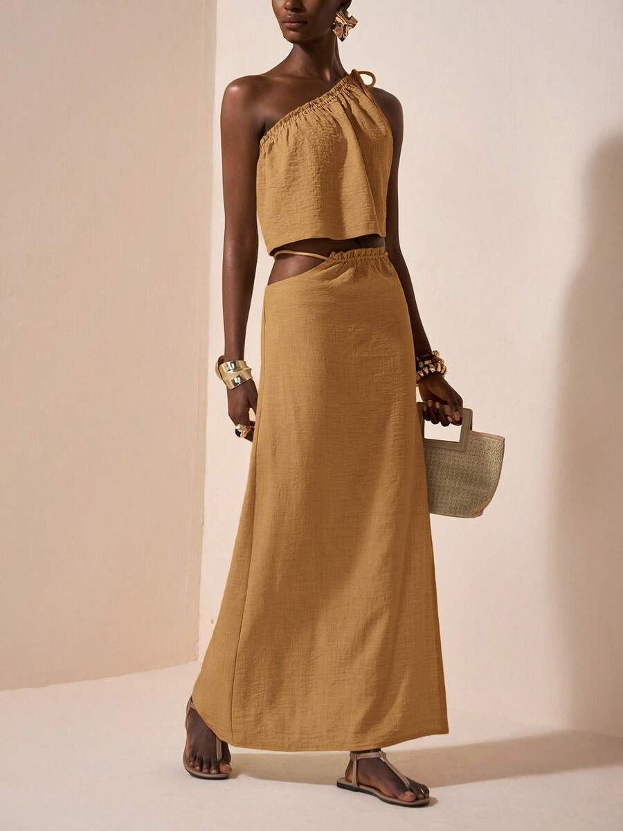 Zivah Conjunto de 2 piezas de top corto sin mangas con lazo y falda recta suelta con cintura asimétrica, material de fibra de bambú, color albaricoque, nuevo lanzamiento de verano 2025 para Día de la Madre, boda, fiesta de cumpleaños, casual, vacaciones, estilo callejero, elegante, oficina