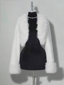 SHEIN ICON 女式休闲简约纯色短款人造毛皮夹克，秋冬 - 白色 - 查看 5