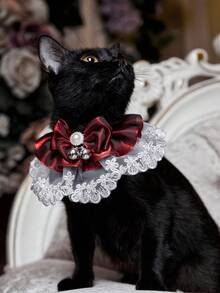 PETSIN قلادة عنق من الدانتيل واللؤلؤ على شكل جرس، بتصميم أميري وأنثوي، بلون البرغندي، مناسبة للحفلات وأعياد الميلاد والمناسبات الهامة، بتصميم فراشات مخملية، قلادة للقطط والكلاب، وشاح على شكل طبيبة عاني ذات انتشار كبير - متعدد الألوان - مشاهدة 5