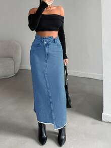 EURMUSE Women's Solid Color Casual Denim Mini Skirt - Medium Wash - View 5
