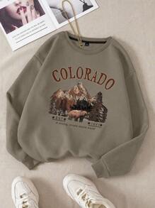 EMERY ROSE Sudadera de forro polar con estampado de montaña y letras para mujer de talla grande, "Innate Desire Travel 1893", manga larga, para graduación, maestros, regreso a la escuela, otoño - Marrón Mocha - Ver 1