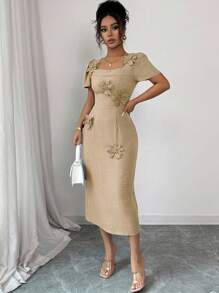 Elenzga 女式纯色方领泡泡袖中长连衣裙，带 3D 花卉装饰 - 卡其色 - 查看 3