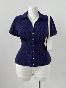 Sunspun Bluză minimalistă cu imprimeu cu buline, talie strânsă, mânecă scurtă - Albastru - Vizualizare 4