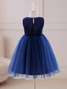 Glamorique Kids Đầm bé gái thanh lịch và dễ thương với màu xanh ẩn bên trong, không tay, đính sequin, chất liệu voan mỏng, dáng phồng, thích hợp cho các bữa tiệc Giáng sinh và những dịp trang trọng. - Màu xanh hải quân - Xem 2