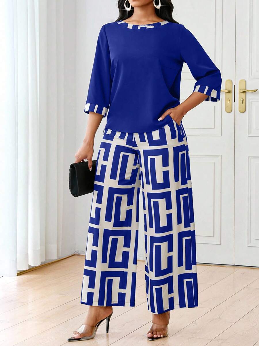 SHEIN Lady 春夏秋冬休闲优雅黑色针织V领喇叭纽扣短款长袖休闲优雅大码套装情人节新年女装夏季女装夏季 - 寶藍色 - 查看 1