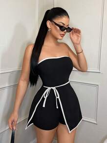 SHEIN SXY 休闲商务拼色绑带裹身式连体裤