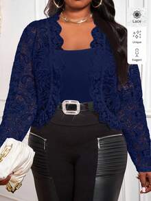 SHEIN Lady Áo khoác ngoài tay dài họa tiết kẻ sọc xanh navy cổ điển mới 2025 dành cho nữ cỡ lớn, thường ngày, đi làm, mặc vào mùa thu/đông - Màu xanh hải quân - Xem 7