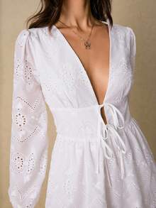 Poéselle 女式纯色常规肩绣花灯笼袖时尚迷你连衣裙 - 白色 - 查看 4