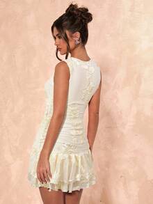 SHEIN BAE 女士夏季度假优雅纹理针织面料双层荷叶边下摆迷你连衣裙、女士沙滩装、女士演唱会装、女士早午餐装、海滩度假装、女士节日装、生日礼服、毕业礼服 - 杏色 - 查看 2