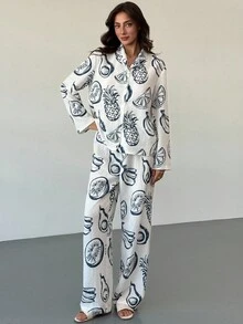 Aloruh Conjunto de camisa y pantalones con estampado de frutas azules, versátil para usar en casa y al aire libre