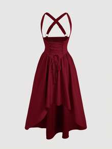 SHEIN MOD 加大码挤奶女工连衣裙，绿色可调节腰部系带前短后长连衣裙，适合女士 - 酒紅色 - 查看 1