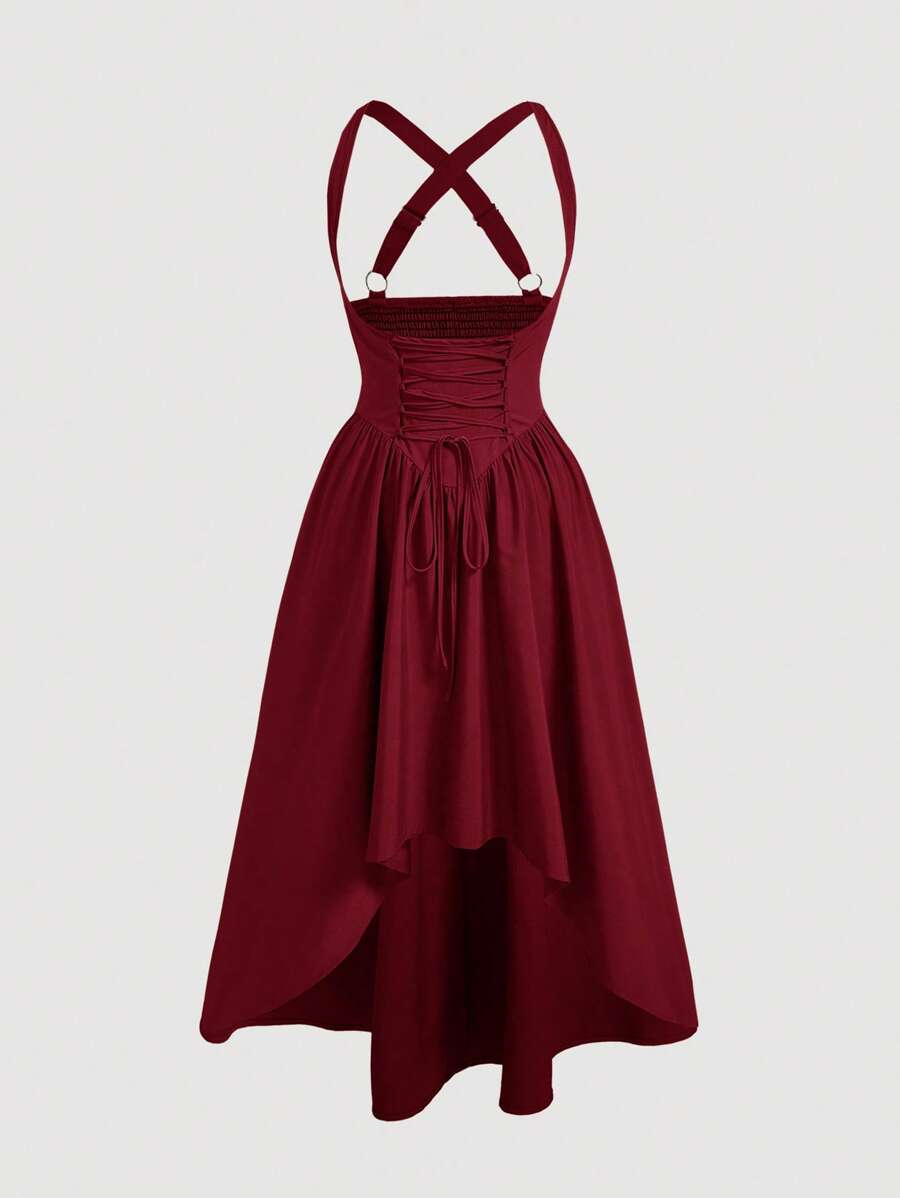 SHEIN MOD 加大码挤奶女工连衣裙，绿色可调节腰部系带前短后长连衣裙，适合女士 - 酒紅色 - 查看 1