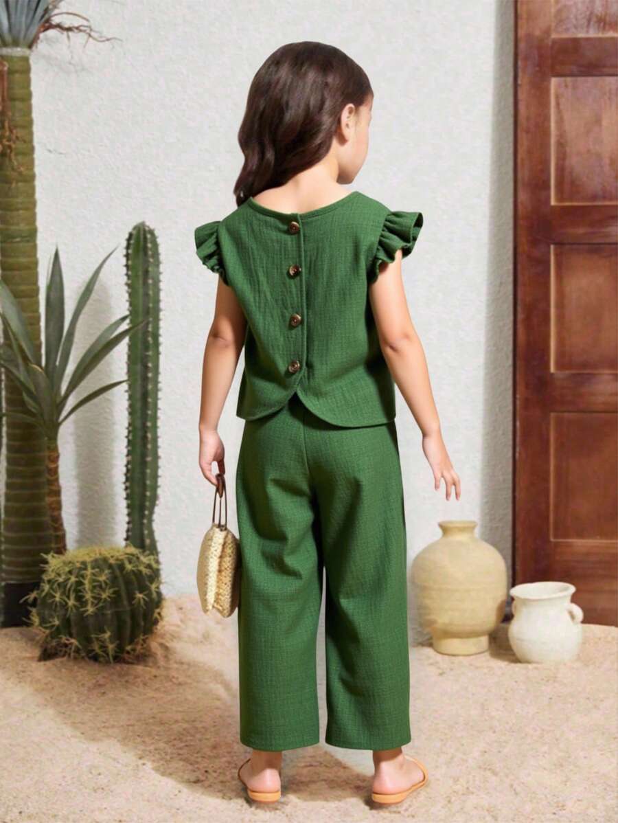 Elladie kids 2件套女童纹理面料短袖纽扣后背T恤和休闲长裤套装 2件荷叶边套装 幼儿女童 绿色亚麻套装 - 軍綠色 - 查看 1