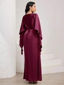 Veilorie 女士优雅摩卡棕色圆领斗篷袖鱼尾下摆缎面长裙 - 藕粉色 - 查看 2