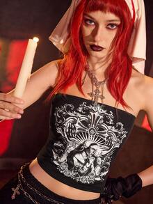 The Nun X SHEIN Top tubo con estampado de figura y cruz, verano para mujer - Negro - Ver 6